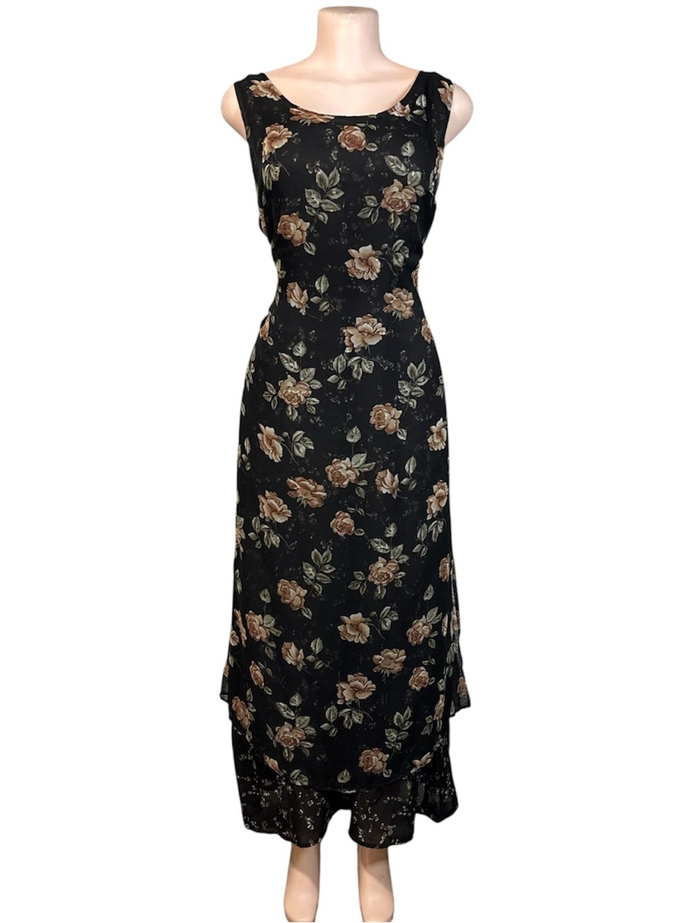 Vtg Y2K Sheer Floral Maxi Dress Black Double Size M Sleeveless Whimsigoth Grunge
